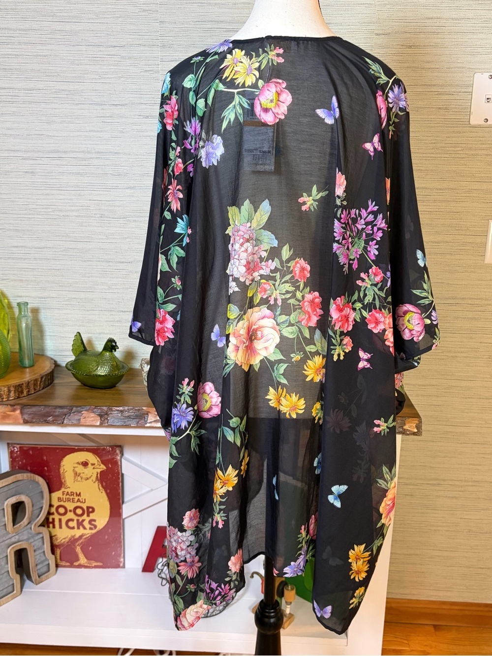 Johnny Was Black Butterfly Floral Silk Blend KIMONO Cover Up Front Tie S/M NWT - Picture 5 of 7